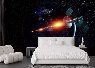 Space military satellite, a weapon in space shoots a laser against the background of the earth. Attack, technology, space war. mixed medium, copy space. image furnished by NASA. Wall mural