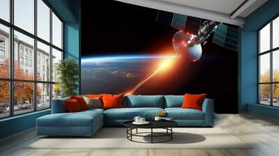 Space military satellite, a weapon in space shoots a laser against the background of the earth. Attack, technology, space war. mixed medium, copy space. image furnished by NASA. Wall mural