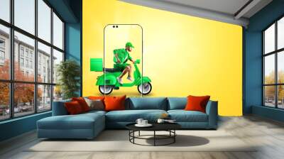 The Fast Delivery Scooter rides out of the smartphone. Delivery concept, online ordering, food delivery, last mile, template, banner. 3D illustration, 3D render. Wall mural