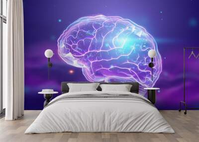 The image of the human brain, a hologram, a dark background. The concept of artificial intelligence, neural networks, robotization, machine learning. 3D illustration, copy space. Wall mural