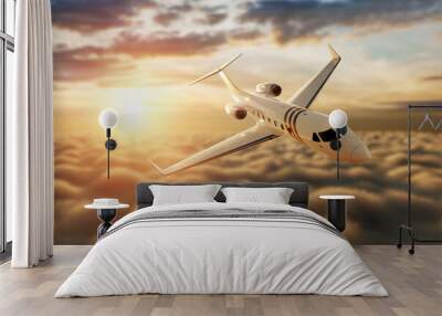 White private business jet on the background of the sunset in the sky, fluffy clouds. Business flights, private jet, luxury life, corporate travel, luxury travel. 3D illustration, 3D render. Wall mural