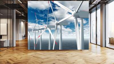 Windmills at sea clean energy, alternative energy, wind energy. Technology concept, renewable energy. Mixed media copy space Wall mural