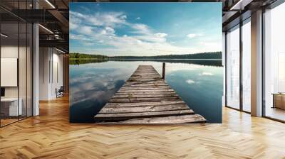 Wooden pier on the background of a beautiful lake summer dawn landscape. Copy space. Wall mural