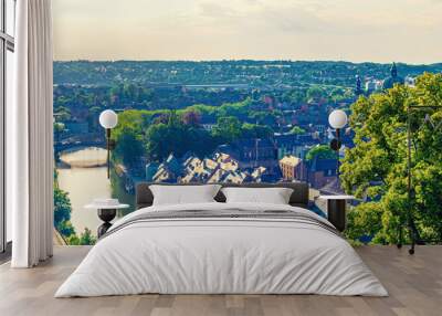 Namur cityscape, top aerial view of old town Namur city historical center, Sambre river with bridge and embankment, skyline horizon of Namur, Wallonia, Walloon Region, Belgium Wall mural