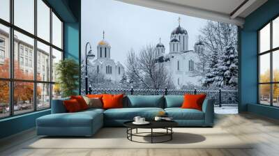 Orthodox church in winter on a cloudy day. Wall mural