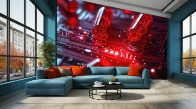 Red capsules circuit board symbolizes smart pills technology treatment Wall mural