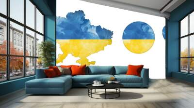 Set of Ukraine map, round badge and heart with flag. Illustration isolated on a white background. Wall mural