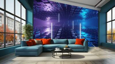 3d render illustration. Abstract tunnel between two planes of wave bending made of reflective cubic blocks in neon blue Wall mural