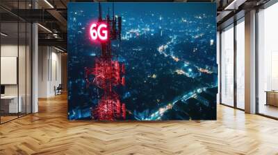 6G network antenna tower illuminated at night symbolizing future technology Wall mural