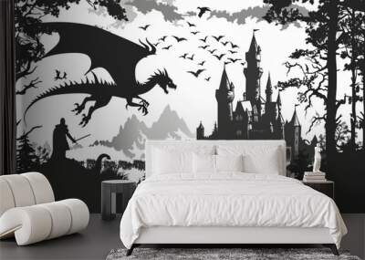 a black and white illustration of a castle and a dragon Wall mural