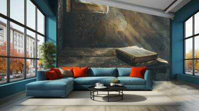 A book is on a table in a room with sunlight shining on it Wall mural