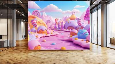 a candy land with mountains and clouds Wall mural