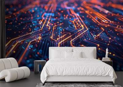 A computer chip with orange and blue lines Wall mural