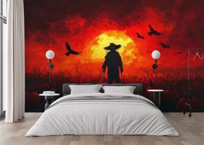 A creepy scarecrow standing in a pumpkin field at dusk, with crows flying overhead and an ominous red sky in the background Wall mural