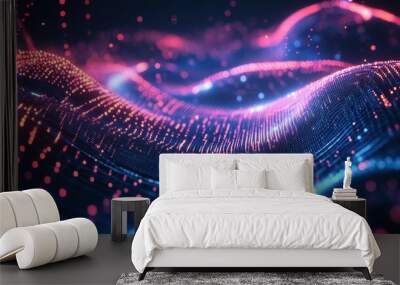 A flowing digital wave of glowing neon lights and geometric patterns, forming a high-tech abstract background of motion and futuristic design Wall mural