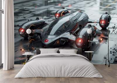 A futuristic looking vehicle with four wheels and two engines Wall mural