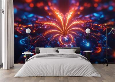 A glowing 3D fractal with intricate patterns and vibrant light reflections Wall mural