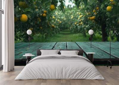 A green wooden table with a view of a lemon tree Wall mural