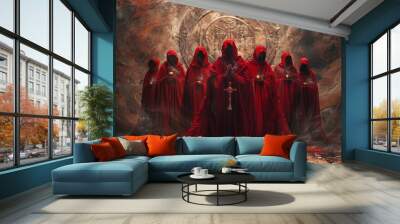 A group of red hooded figures are holding lit candles and a cross Wall mural