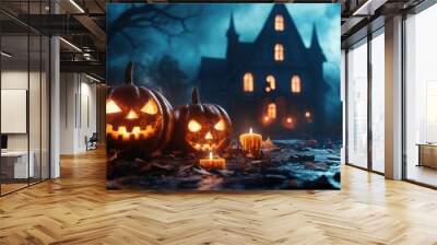 A house with two pumpkins on the porch and candles on the ground Wall mural