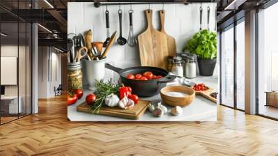 a kitchen counter with various vegetables and utensils Wall mural