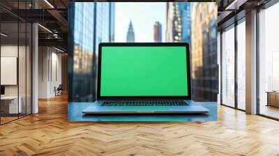 A laptop with a green screen sits on a table in front of a city skyline Wall mural