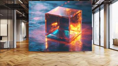 A levitating 3D cube with pulsating light and iridescent reflections Wall mural