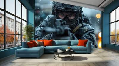 a man in a gas mask holding a gun Wall mural