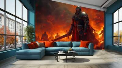 a man in armor holding a sword in front of fire Wall mural