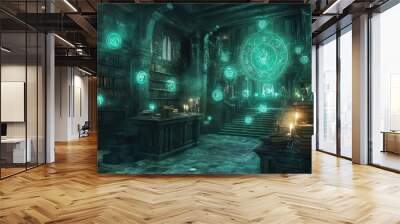 A medieval sorcerer's library filled with floating books, glowing magical symbols etched into the walls, and enchanted creatures watching over the ancient tomes Wall mural