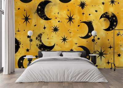 a pattern of black stars and crescents Wall mural