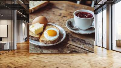 A plate of toast with butter and an egg sits on a wooden table Wall mural