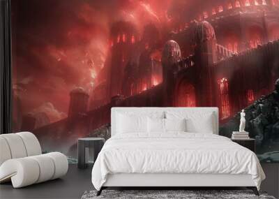 a red castle with red smoke Wall mural