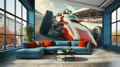 a red race car driving down a track Wall mural