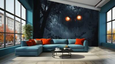 A scary monster with glowing red eyes is staring at the camera Wall mural