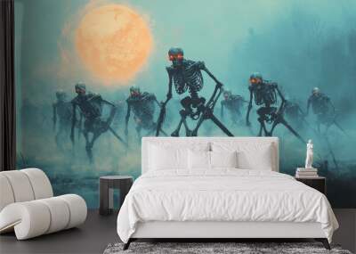 A skeleton army marching through a fog-covered field, with glowing red eyes and rusted swords in hand, as eerie mist surrounds them under the light of the full moon Wall mural