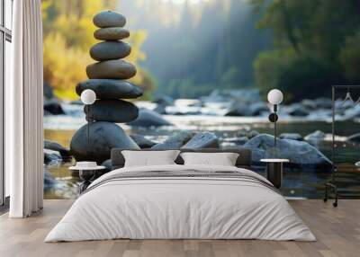 A stack of rocks is on top of a river Wall mural