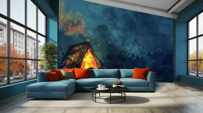 a tent with fire in the background Wall mural