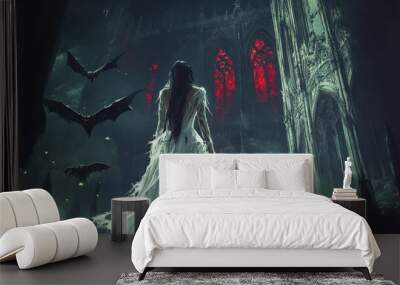 A vampire bride standing in front of an ancient gothic cathedral, dressed in tattered white, with bats flying around and glowing red eyes peering from the shadows Wall mural