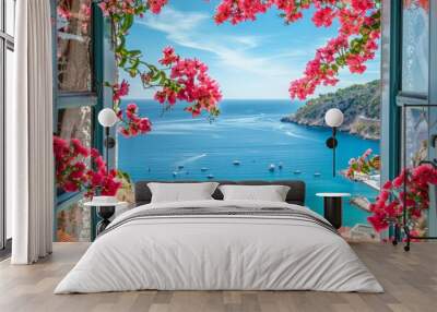 a view of a body of water and a town with pink flowers Wall mural