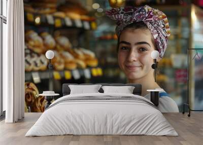 a woman standing in front of a bakery filled with pastries Wall mural