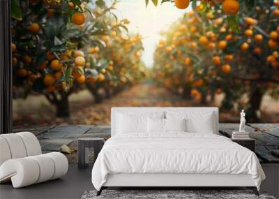 a wood table with oranges in the background Wall mural