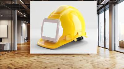 A yellow hard hat with a white visor and a screen on the front Wall mural