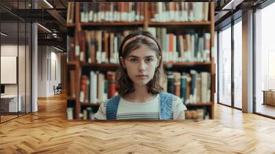 A young girl stands in front of a library with a book in her hand Wall mural