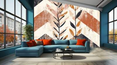 A zigzag pattern of leaves and branches with a brown and orange background Wall mural