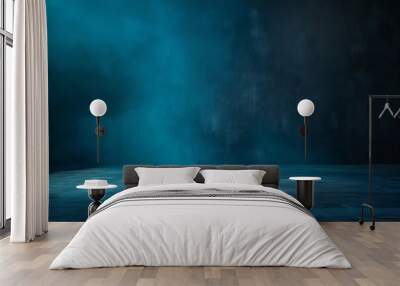 Abstract background with blank dark wall and smoky concrete floor illuminated by blue color Wall mural