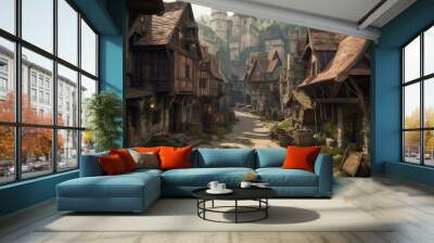 An illustration of the small medieval fantasy village. Medieval Fantasy Wall mural