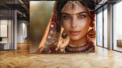 Beautiful young indian woman in traditional clothing with bridal makeup and jewelry. gorgeous brunette bride traditionally dressed Wall mural