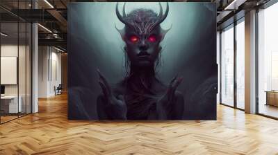 Black seductive female devil with crossed arms. Demon with burning eyes in the fog. Digital illustration Wall mural