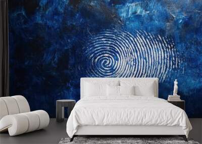 Blue and white fingerprint on dark background Wall mural